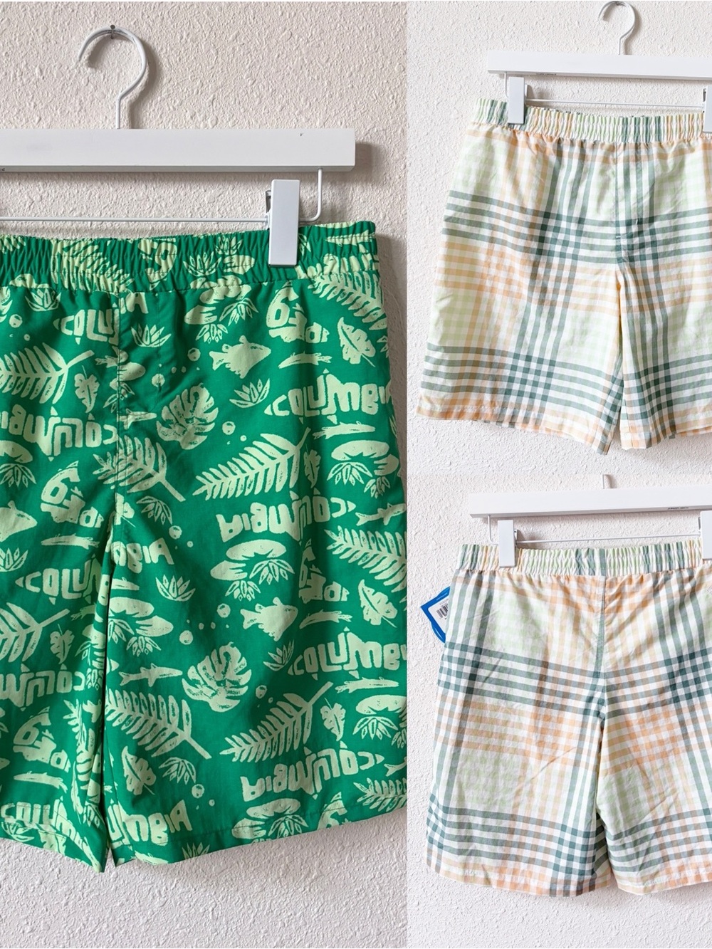 Columbia PFG Swim Trunks Boys Size XL 18/20 Plaid Green Logo Print Mesh Lined